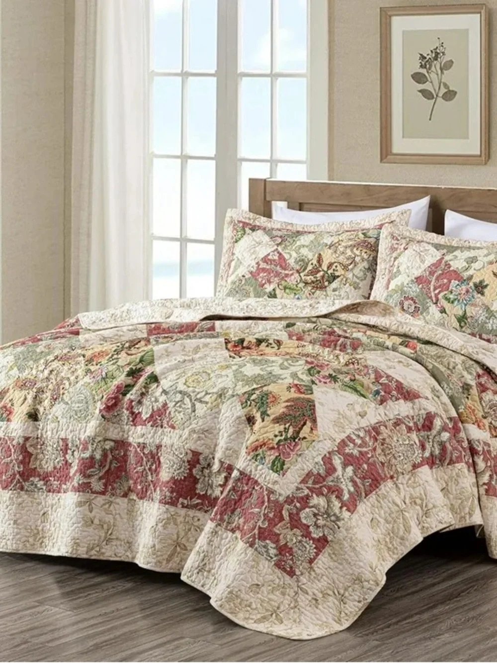Quilted Floral Patchwork king 3 piece Set in Multi-Color